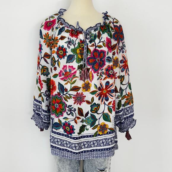 John Mark Floral Print Embroidery Top Tunic Peasant Blouuse Multi 3/4 Sleeves 1X - Picture 2 of 10
